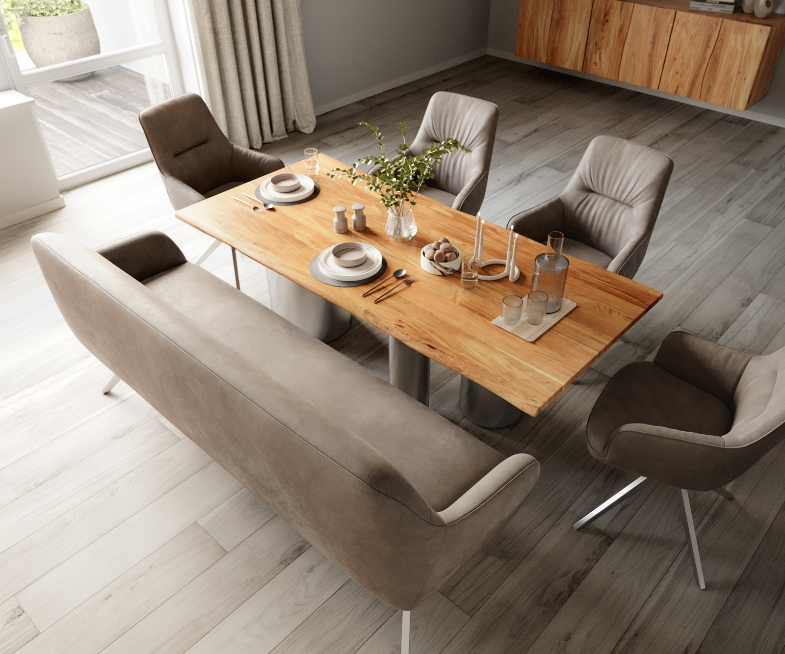 Étkezőpad Taya-Flex 200 cm mikroszálas taupe vintage kereszt láb szögletes rozsdamentes acél zsákrugó - Image 4