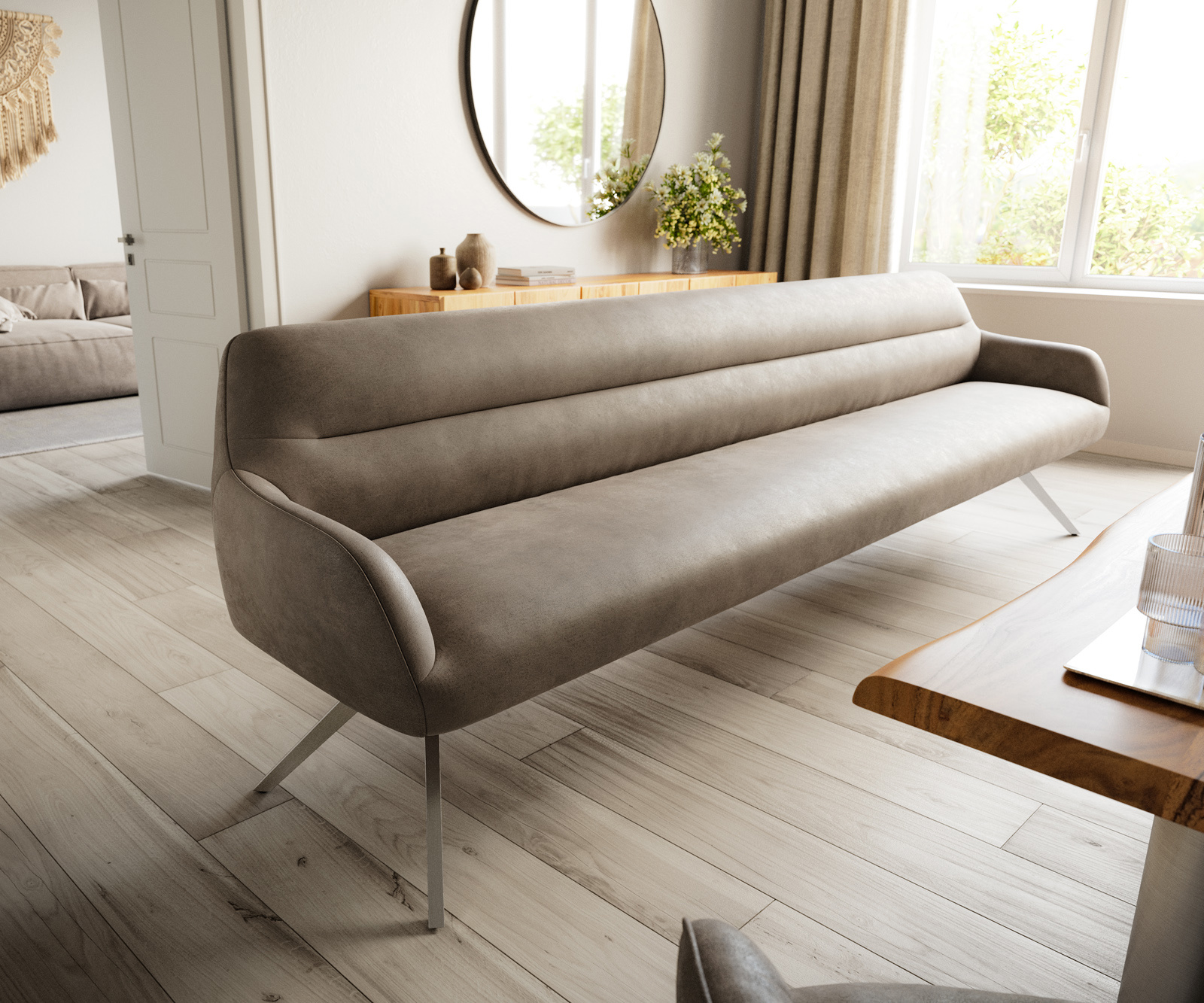 Étkezőpad Taya-Flex 300 cm mikroszálas taupe vintage kereszt láb szögletes rozsdamentes acél zsákrugó