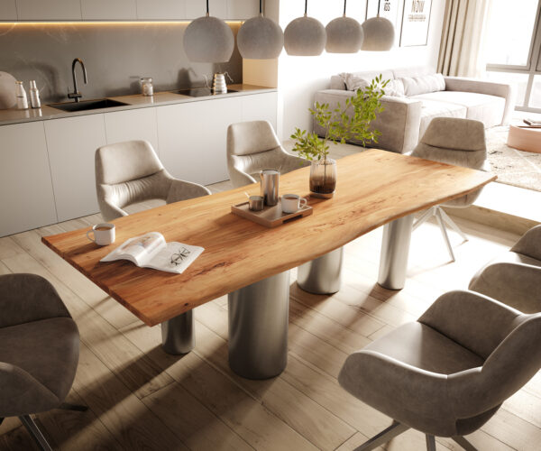 Étkezőasztal Edge 260x100 akác természetes pilier rozsdamentes acél szálcsiszolt Live-Edge