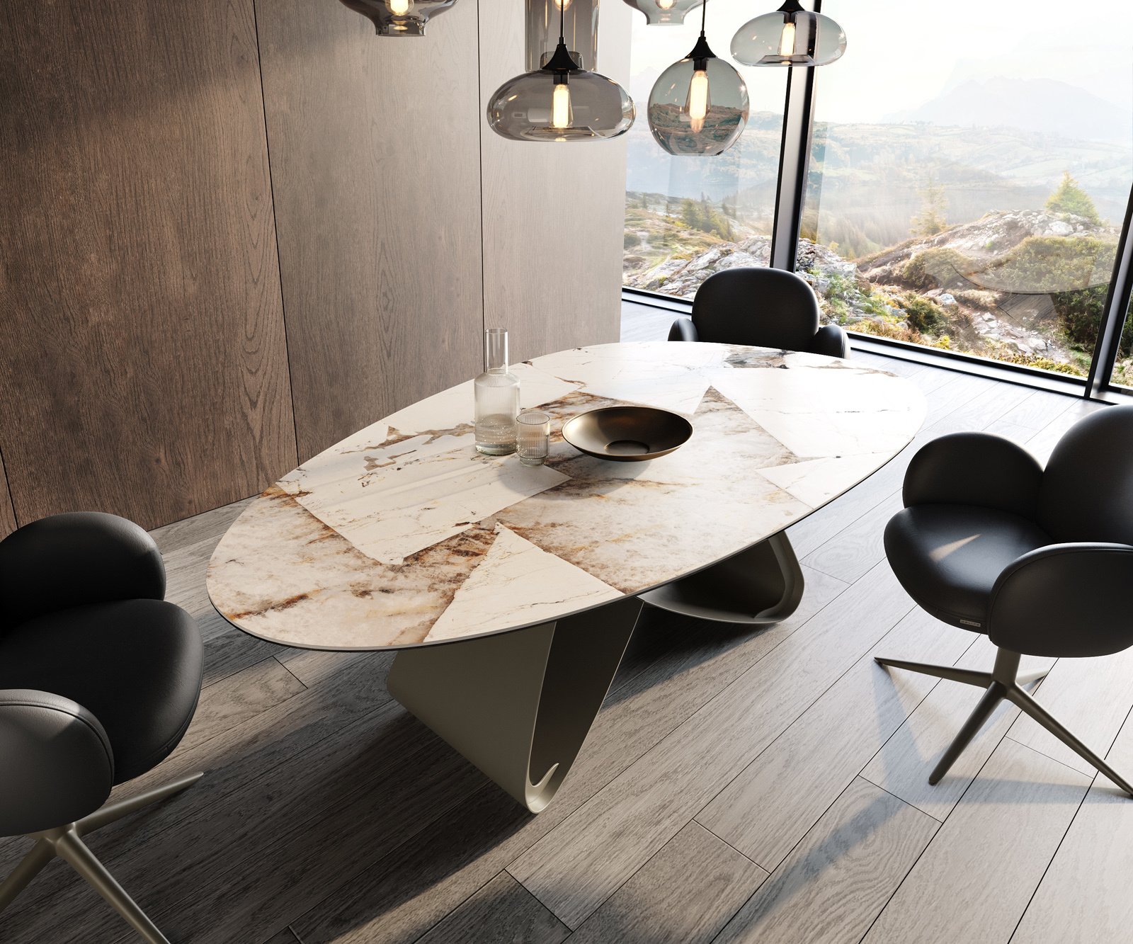 Étkezőasztal Edge ovális 220x120 kerámia Iris FMG Patagonia Lappato W alakú fém láb titán effektfinish