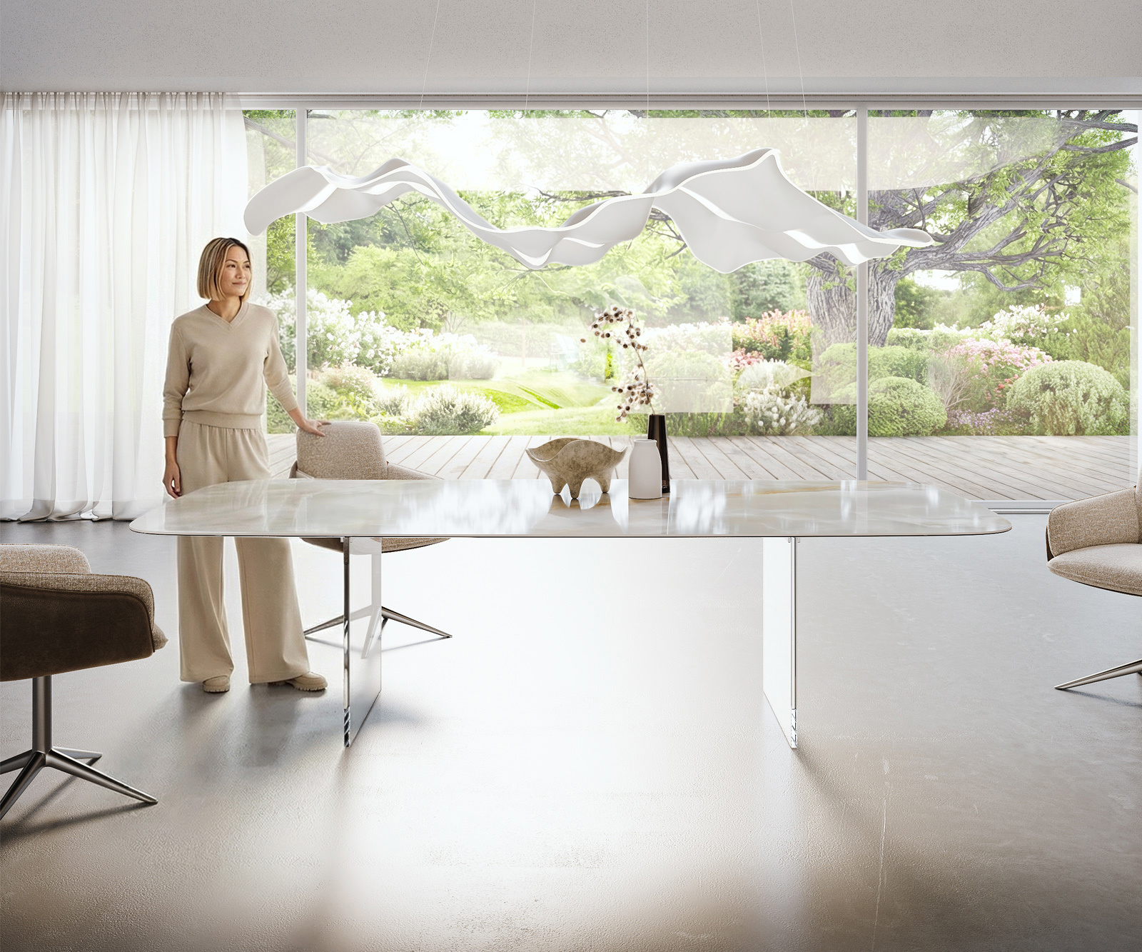 Étkezőasztal Edge hajóformájú 270x120 cm kerámia iris FMG onice grigio üveglábbal - Image 2