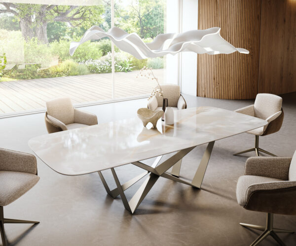 Étkezőasztal Edge hajóformájú 270x120 cm kerámia iris FMG onice grigio spider fém titán színű effektfinish