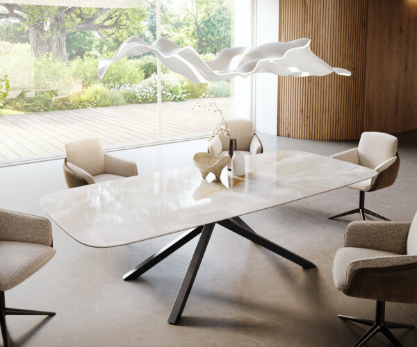 Étkezőasztal Edge hajóformájú 270x120 cm kerámia Iris FMG Onice Grigio kereszt láb téglalap fekete