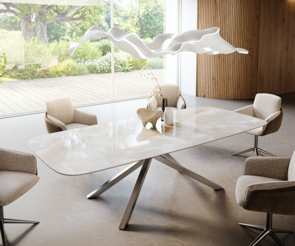 Étkezőasztal Edge hajóformájú 270x120 cm kerámia iris FMG onice grigio kereszt láb téglalap rozsdamentes acél