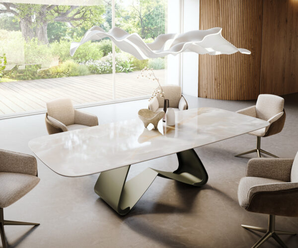 Étkezőasztal Edge hajóformájú 270x120 cm kerámia Iris FMG Onice Grigio W alakú fém láb titán effekt finish