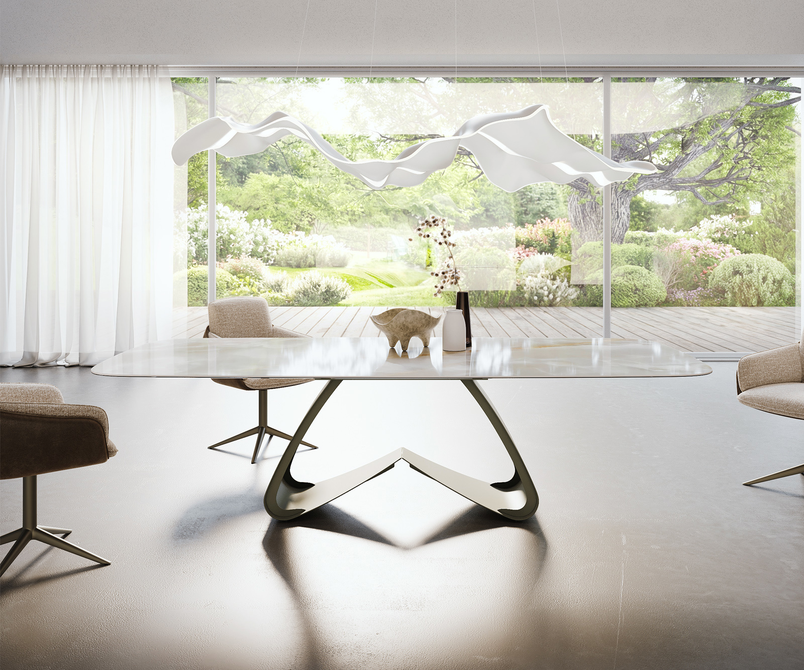 Étkezőasztal Edge hajóformájú 270x120 cm kerámia Iris FMG Onice Grigio W alakú fém láb titán effekt finish - Image 2