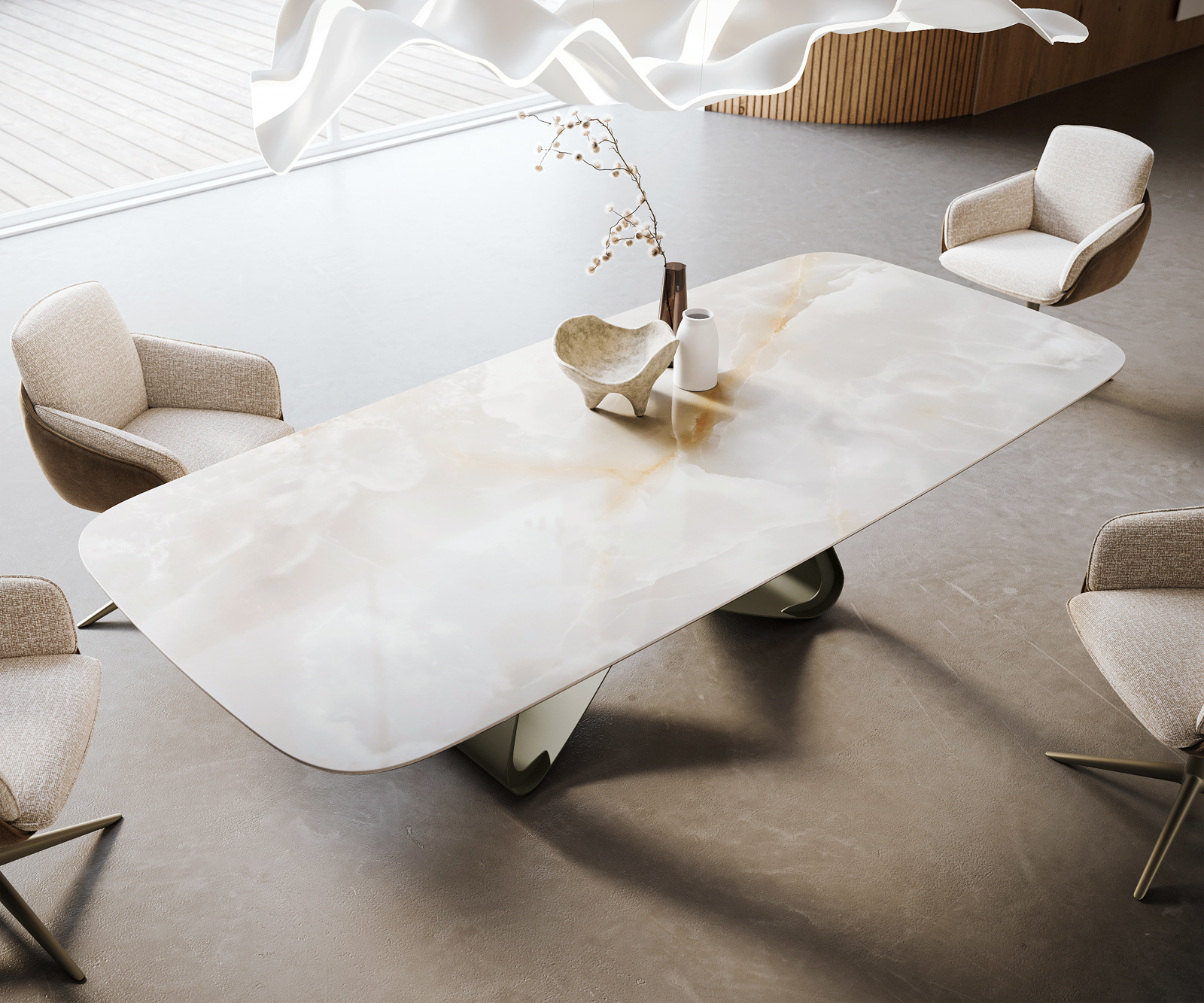 Étkezőasztal Edge hajóformájú 270x120 cm kerámia Iris FMG Onice Grigio W alakú fém láb titán effekt finish - Image 4