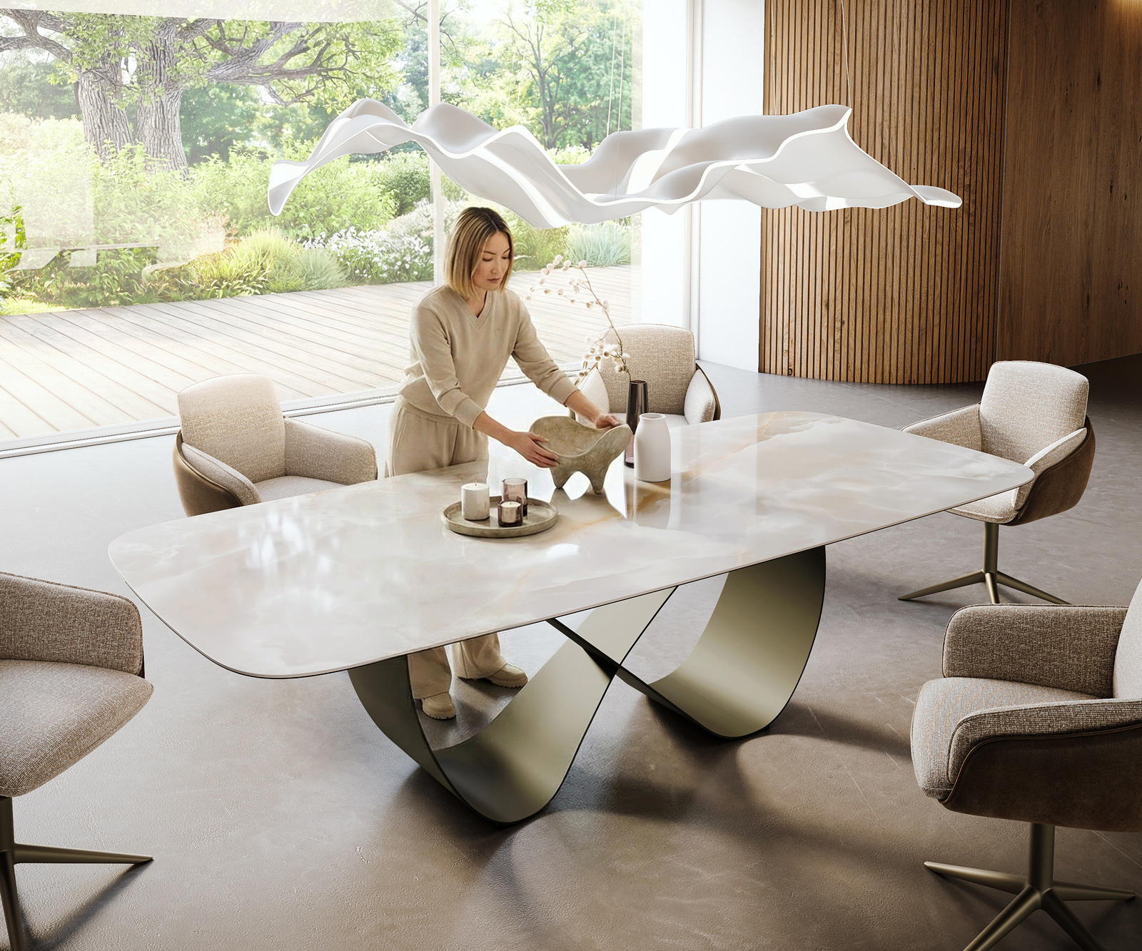 Étkezőasztal Edge hajóformájú 270x120 cm kerámia iris FMG onice grigio infinity fém titán színű effektfinish