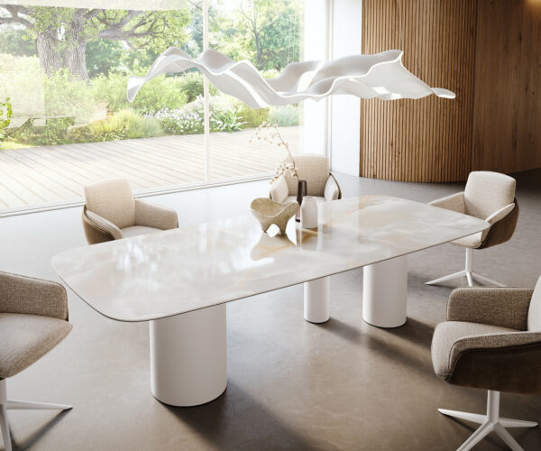 Étkezőasztal Edge hajóformájú 270x120 cm kerámia iris FMG onice grigio troa fém fehér