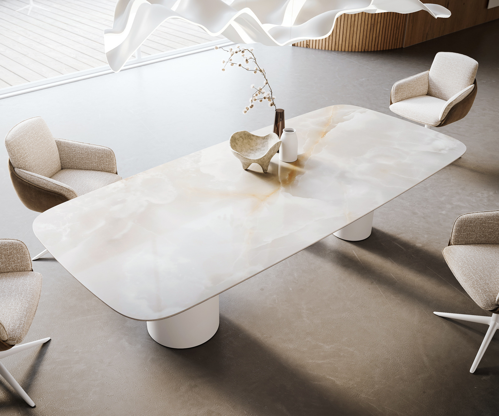 Étkezőasztal Edge hajóformájú 270x120 cm kerámia iris FMG onice grigio troa fém fehér - Image 4