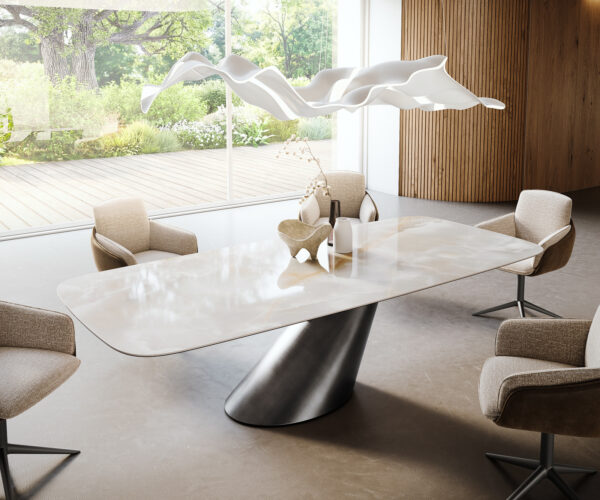 Étkezőasztal Edge hajóformájú 270x120 cm kerámia Iris FMG Onice Grigio kúpos metál ezüst