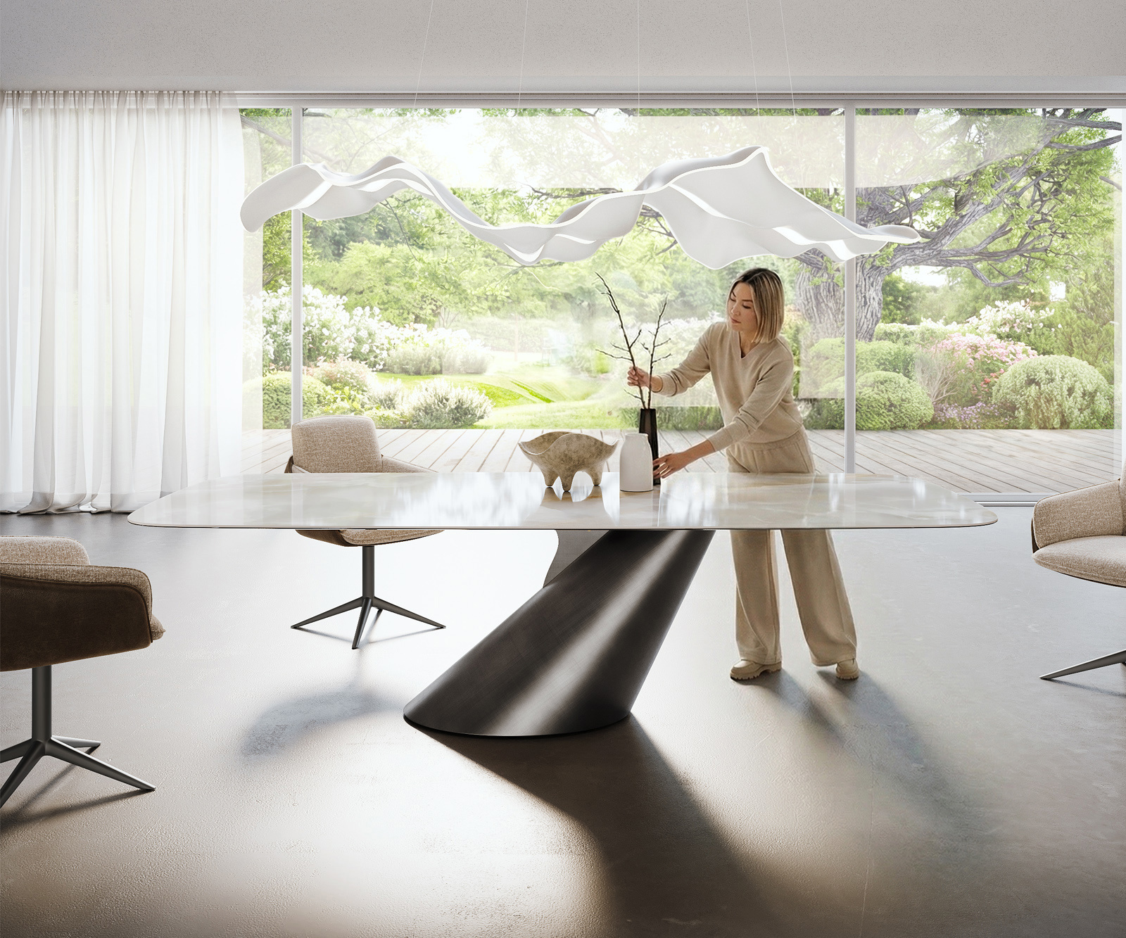 Étkezőasztal Edge hajóformájú 270x120 cm kerámia Iris FMG Onice Grigio kúpos metál ezüst - Image 2