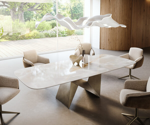 Étkezőasztal Edge hajóformájú 270x120 cm kerámia iris FMG Onice Grigio Origami metál arany