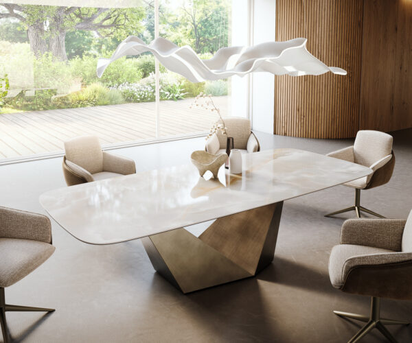 Étkezőasztal Edge hajóformájú 270x120 cm kerámia Iris FMG Onice Grigio Prisma metál arany