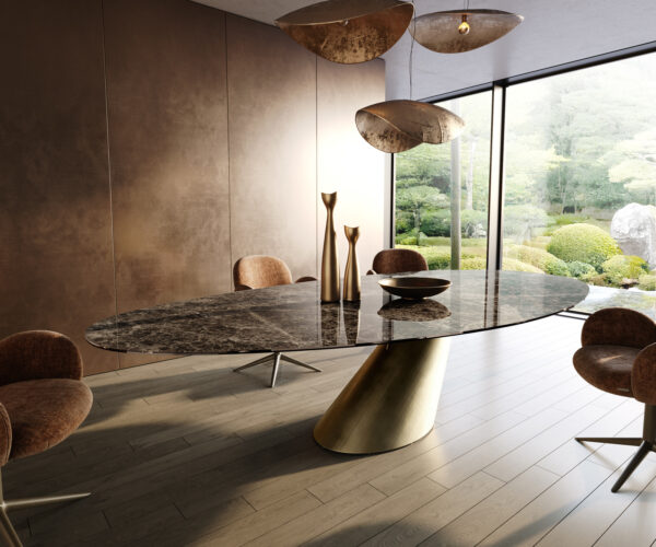 Étkezőasztal Edge ovális 315x150 cm kerámia emperador extra lucidato sötétbarna kúpos metál arany