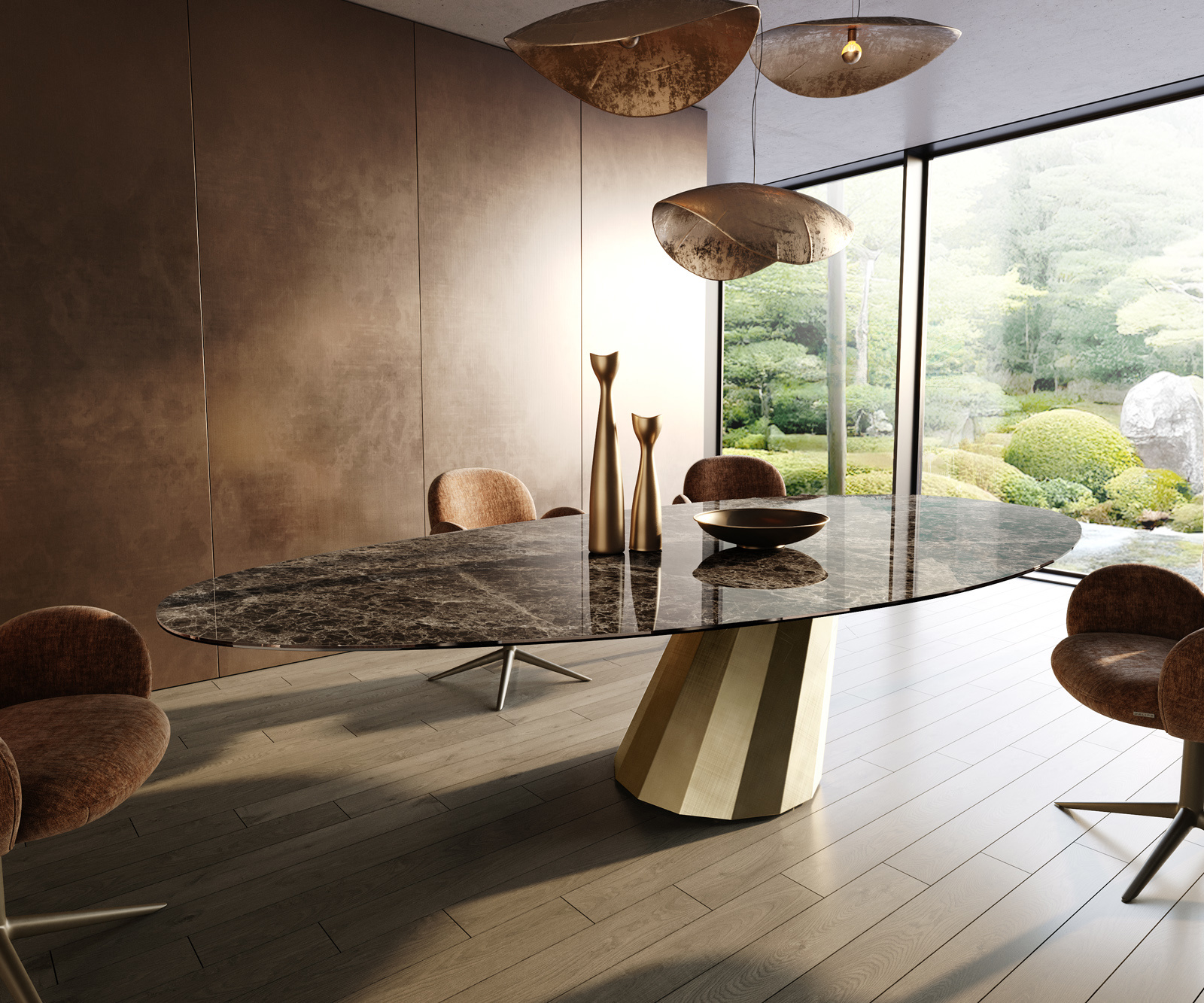 Étkezőasztal Edge ovális 315x150 cm kerámia emperador extra lucidato sötétbarna parabolikus metál arany