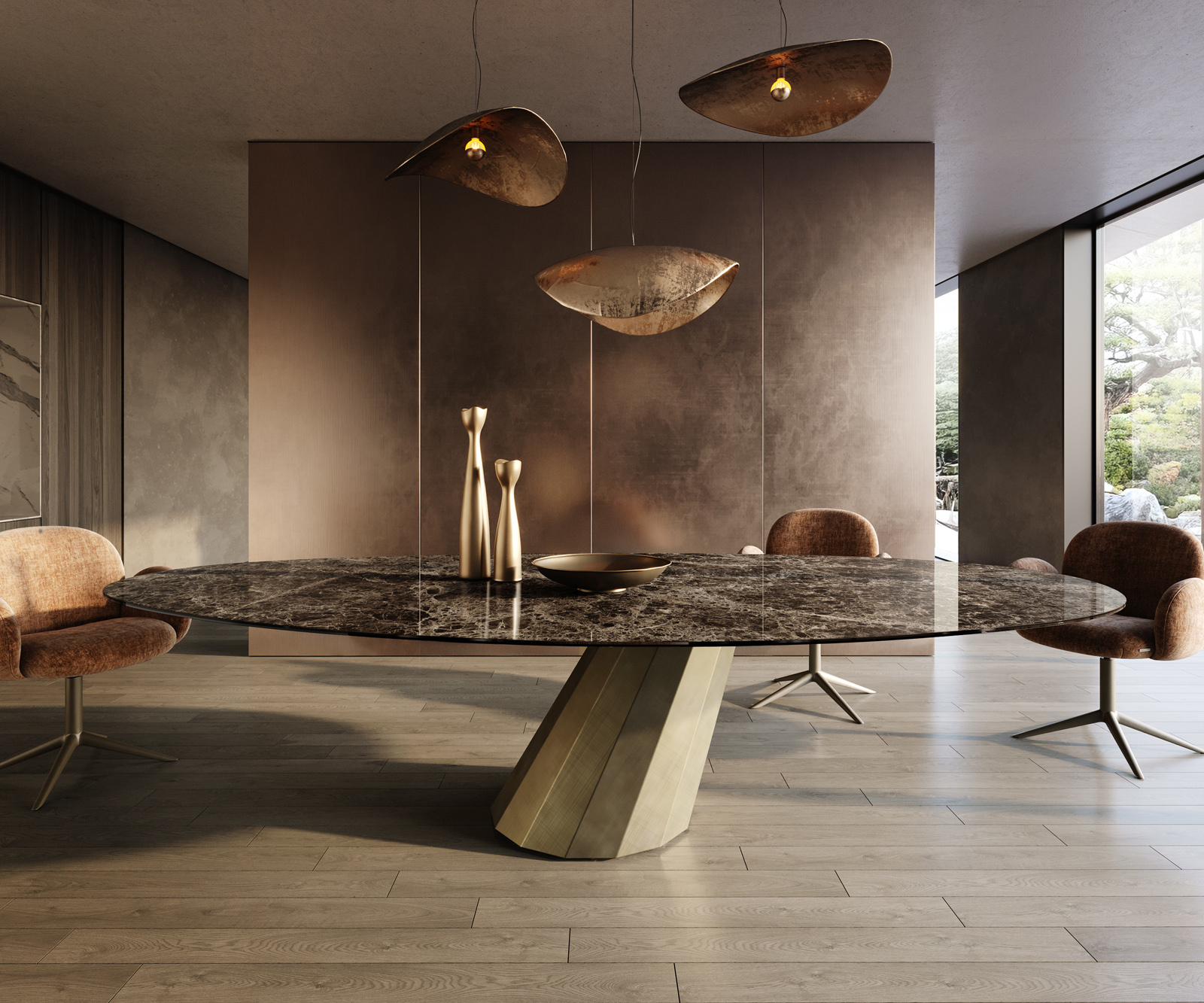 Étkezőasztal Edge ovális 315x150 cm kerámia emperador extra lucidato sötétbarna parabolikus metál arany - Image 2