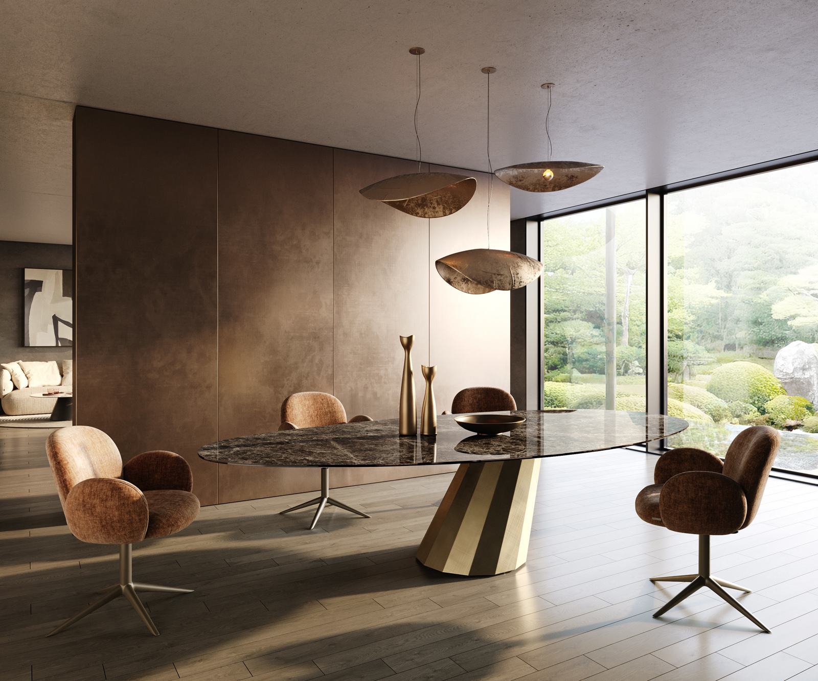 Étkezőasztal Edge ovális 315x150 cm kerámia emperador extra lucidato sötétbarna parabolikus metál arany - Image 6