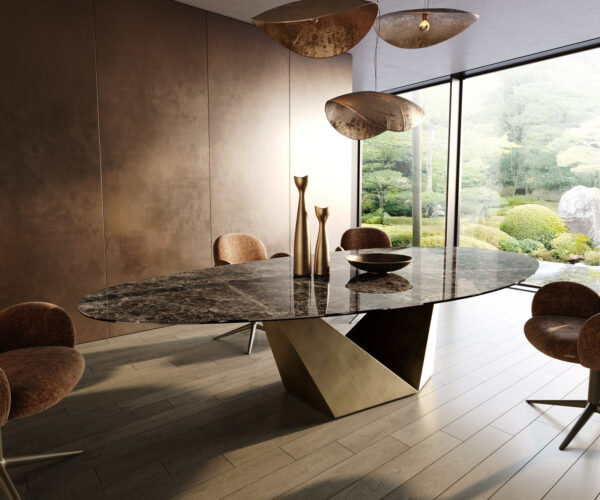 Étkezőasztal Edge ovális 315x150 cm kerámia emperador extra lucidált sötétbarna prisma metál arany