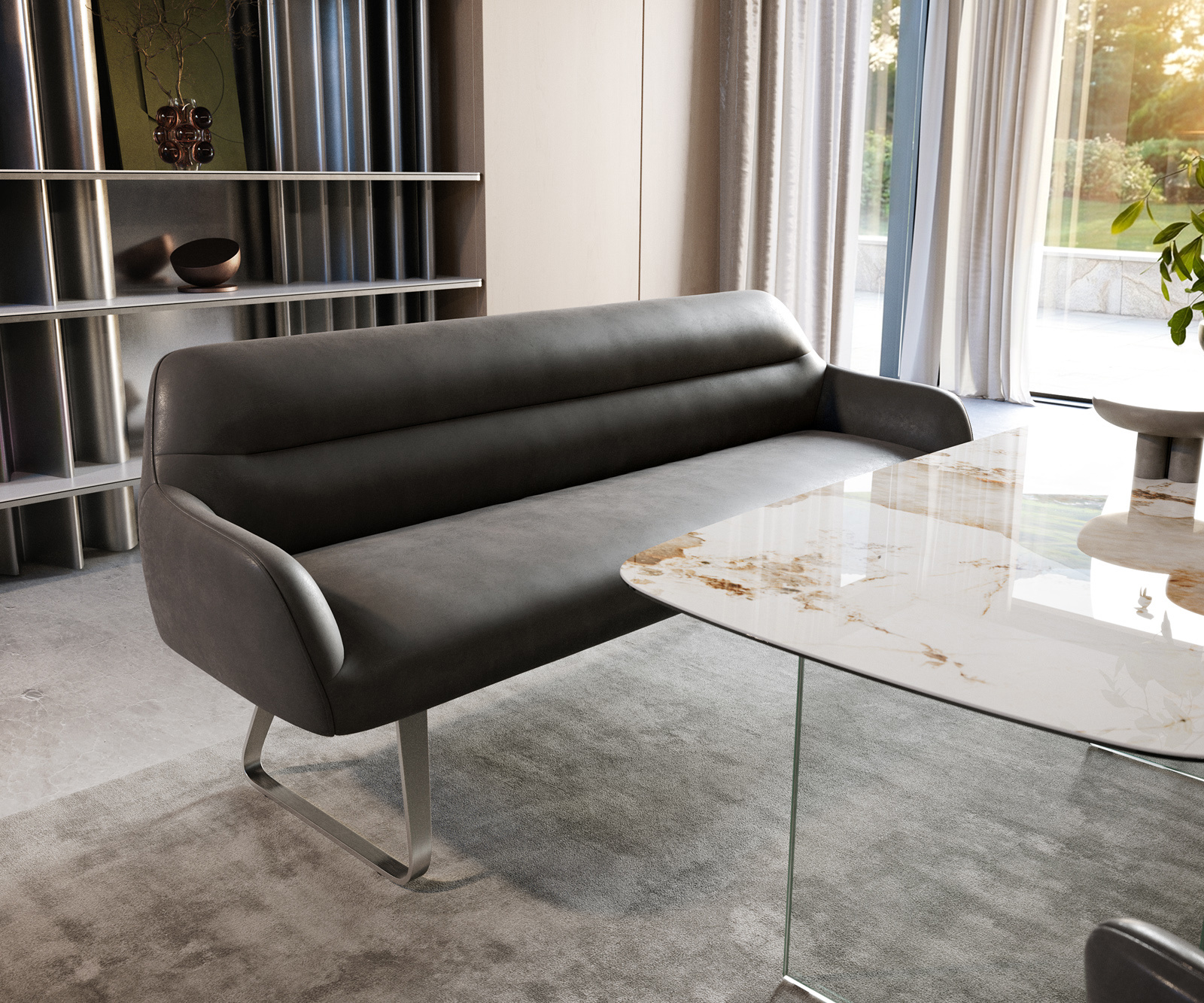 Étkezőpad Taya-Flex 200 cm mikroszálas antracit vintage vékony láb lapos rozsdamentes acél zsákrugó