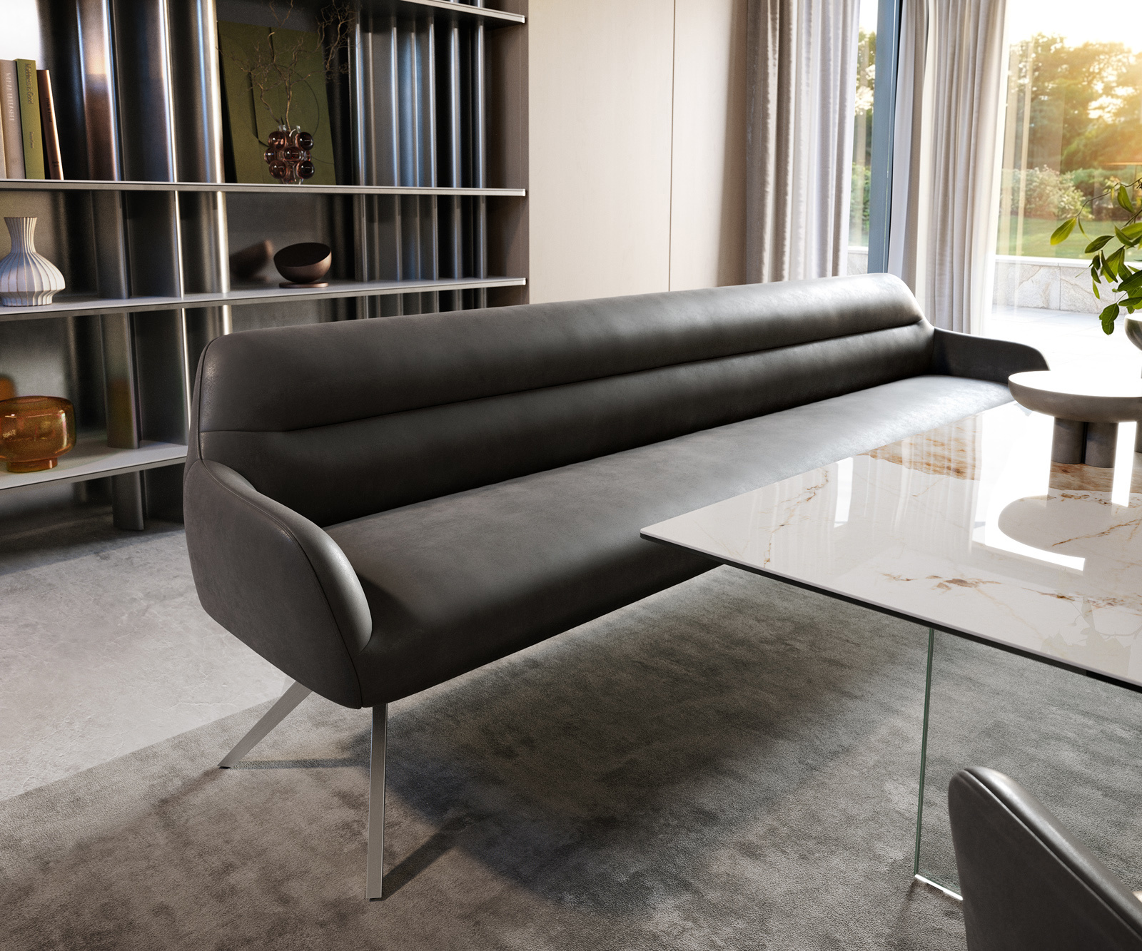 Étkezőpad Taya-Flex 300 cm mikroszálas antracit vintage kereszt láb szögletes rozsdamentes acél zsákrugó