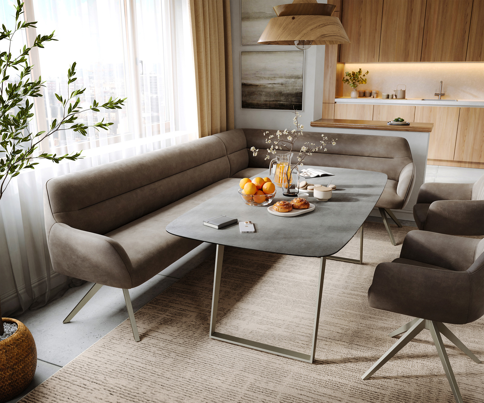 Étkezőpad Taya-Flex 285x190 cm mikroszálas taupe vintage kereszt láb szögletes titán színű hatás zsákrugós bal