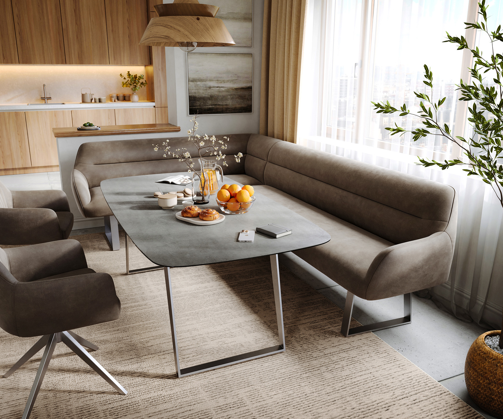 Étkezőpad Taya-Flex 285x190 cm mikroszálas taupe vintage vékony láb szögletes rozsdamentes acél zsákrugós jobb