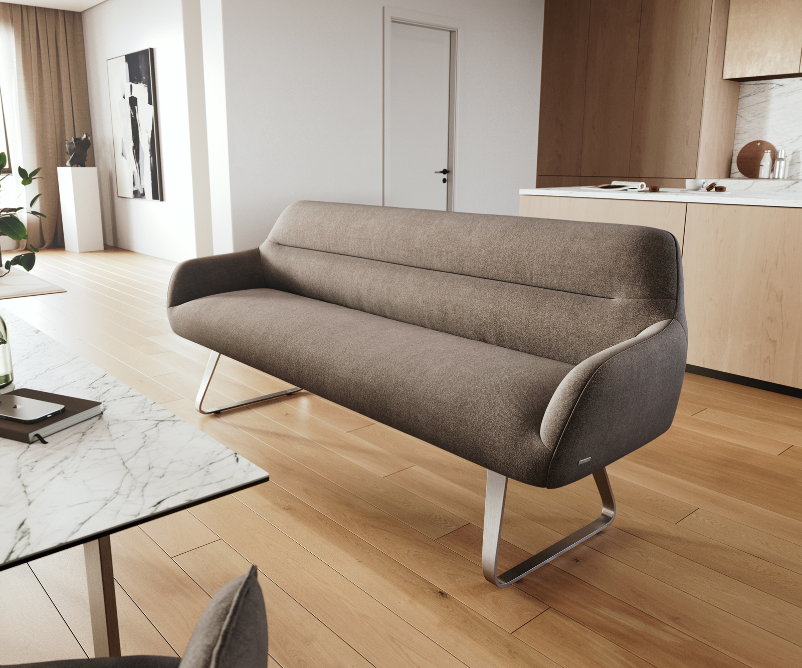 Étkezőpad Taya-Flex 200 cm strukturált szövet puha taupe vékony láb lapos rozsdamentes acél zsákrugós