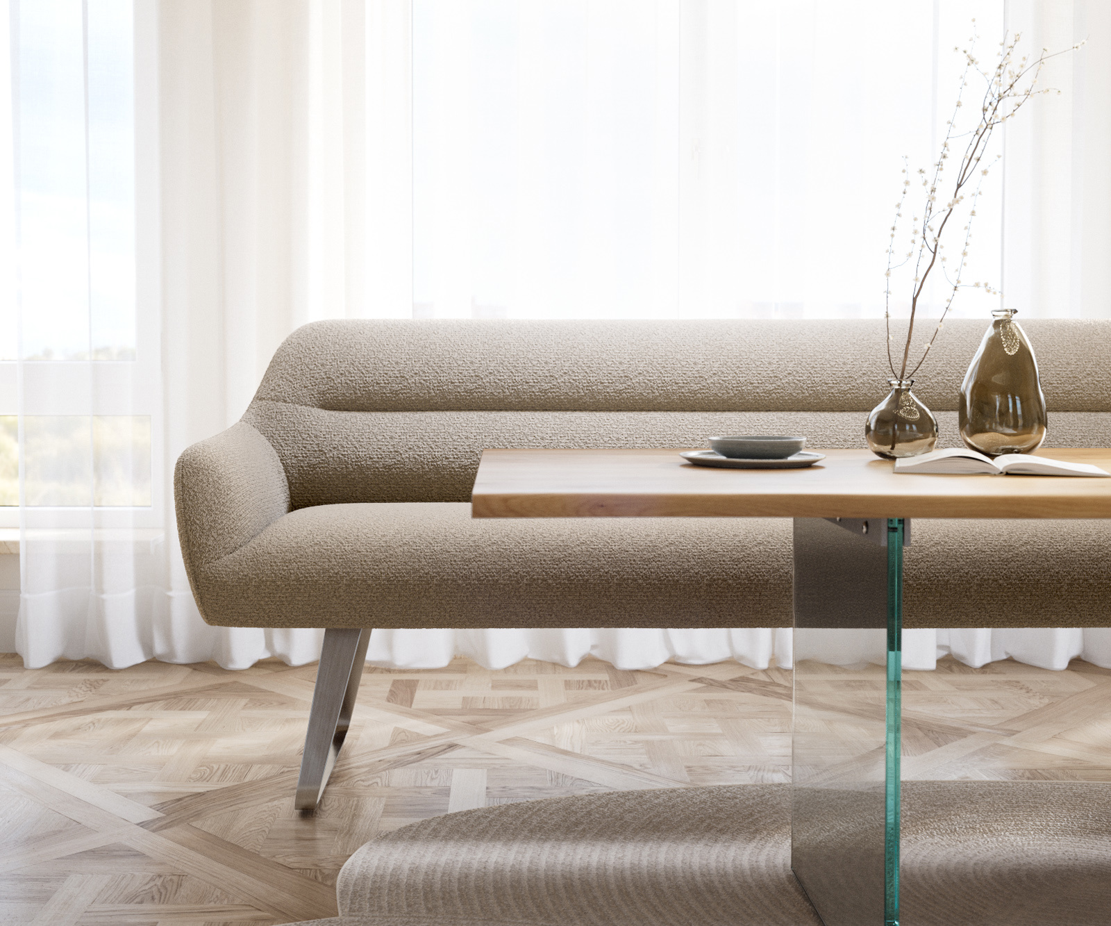 Étkezőpad Taya-Flex 200 cm bouclé sötét bézs vékony láb lapos rozsdamentes acél zsákrugós - Image 2