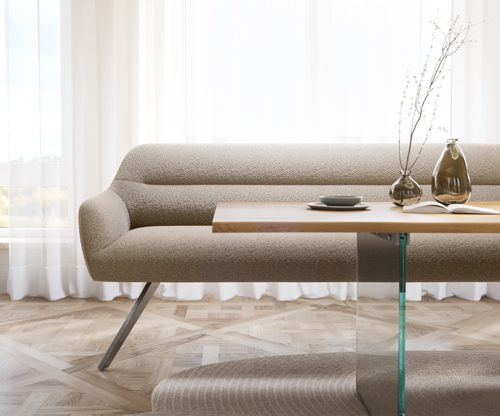 Étkezőpad Taya-Flex 200 cm bouclé sötét bézs kereszt láb szögletes rozsdamentes acél zsákrugó - Image 2