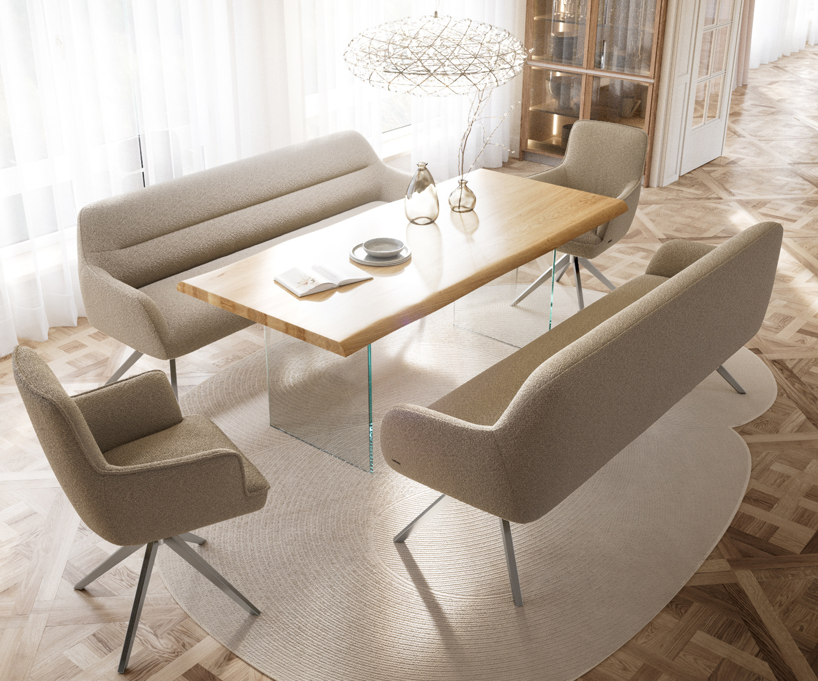 Étkezőpad Taya-Flex 200 cm bouclé sötét bézs kereszt láb szögletes rozsdamentes acél zsákrugó - Image 4