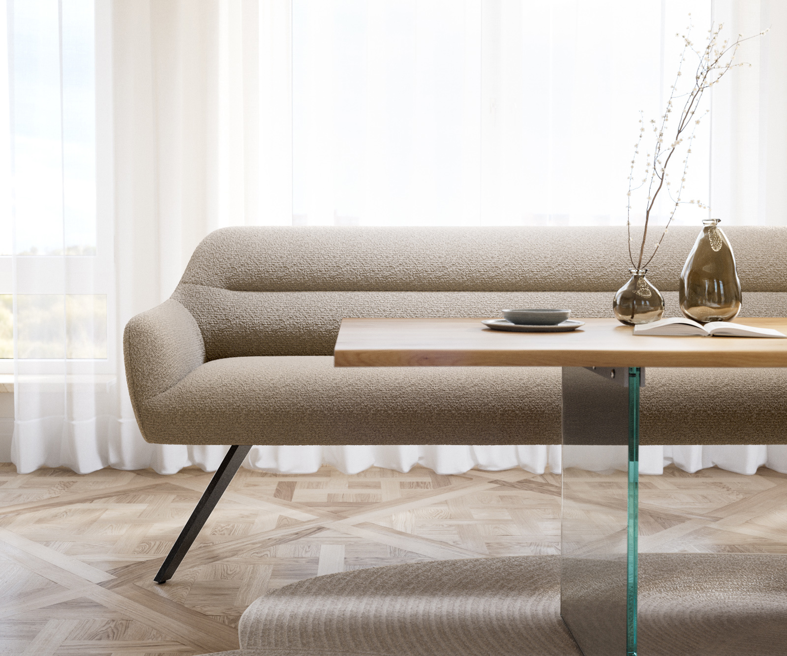 Étkezőpad Taya-Flex 200 cm bouclé sötét bézs kereszt láb szögletes grafit zsákrugó - Image 2