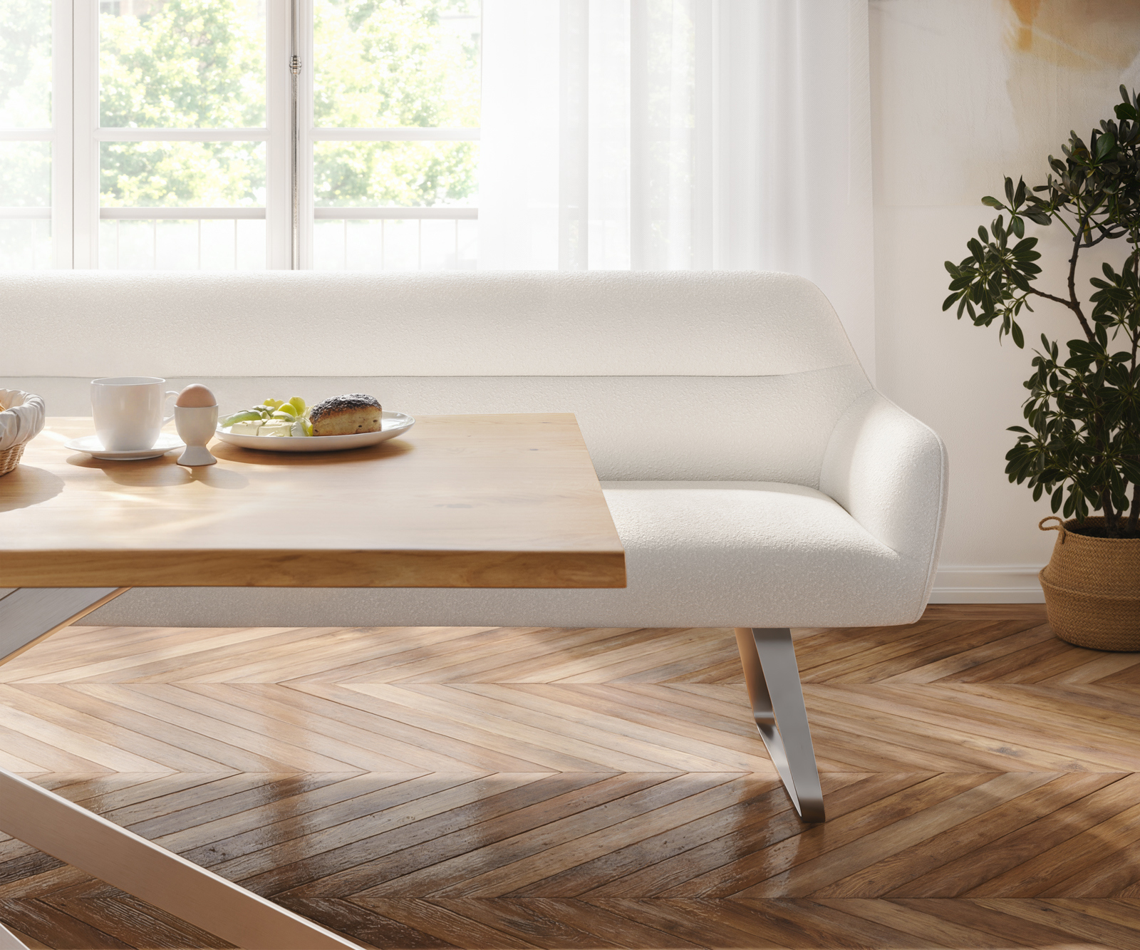 Étkezőpad Taya-Flex 200 cm bouclé krémfehér vékony láb lapos rozsdamentes acél zsákrugó - Image 4