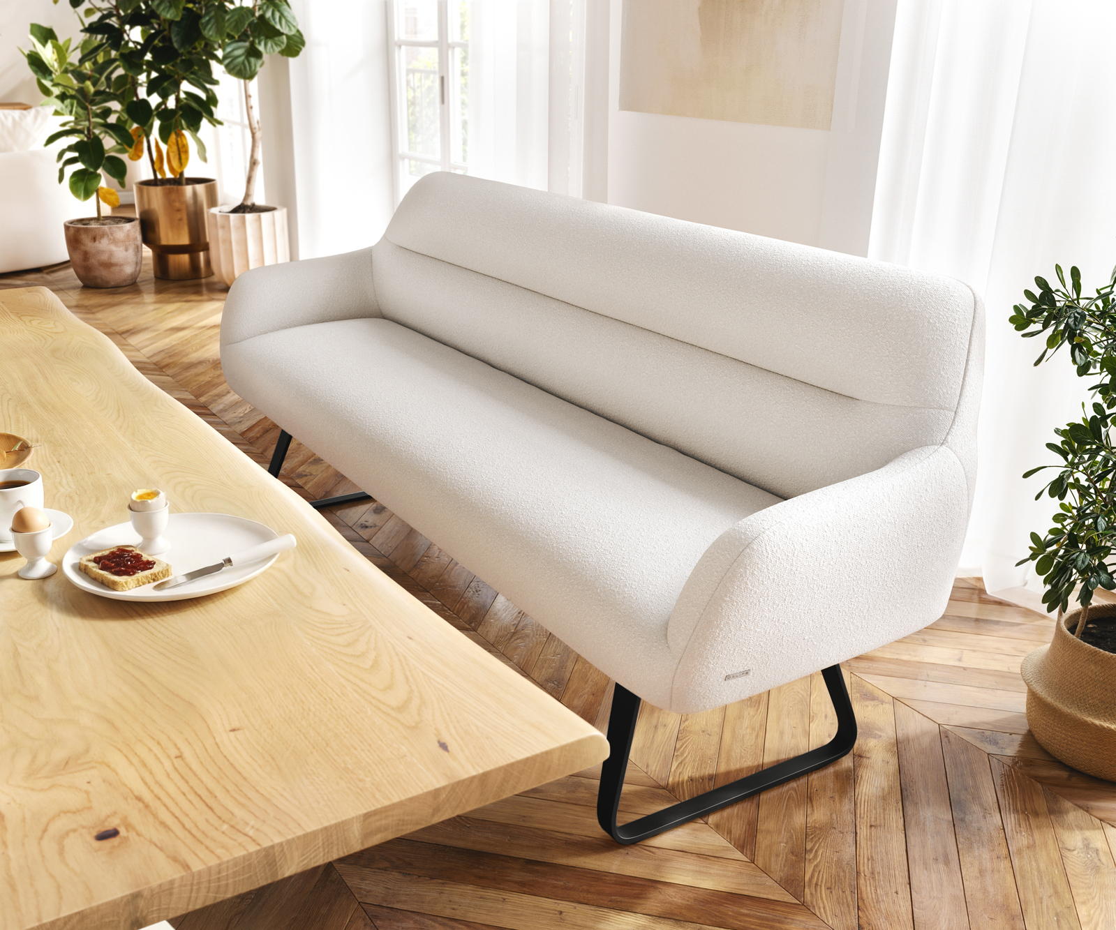 Étkezőpad Taya-Flex 200 cm bouclé krémfehér vékony láb lapos fekete zsákrugó