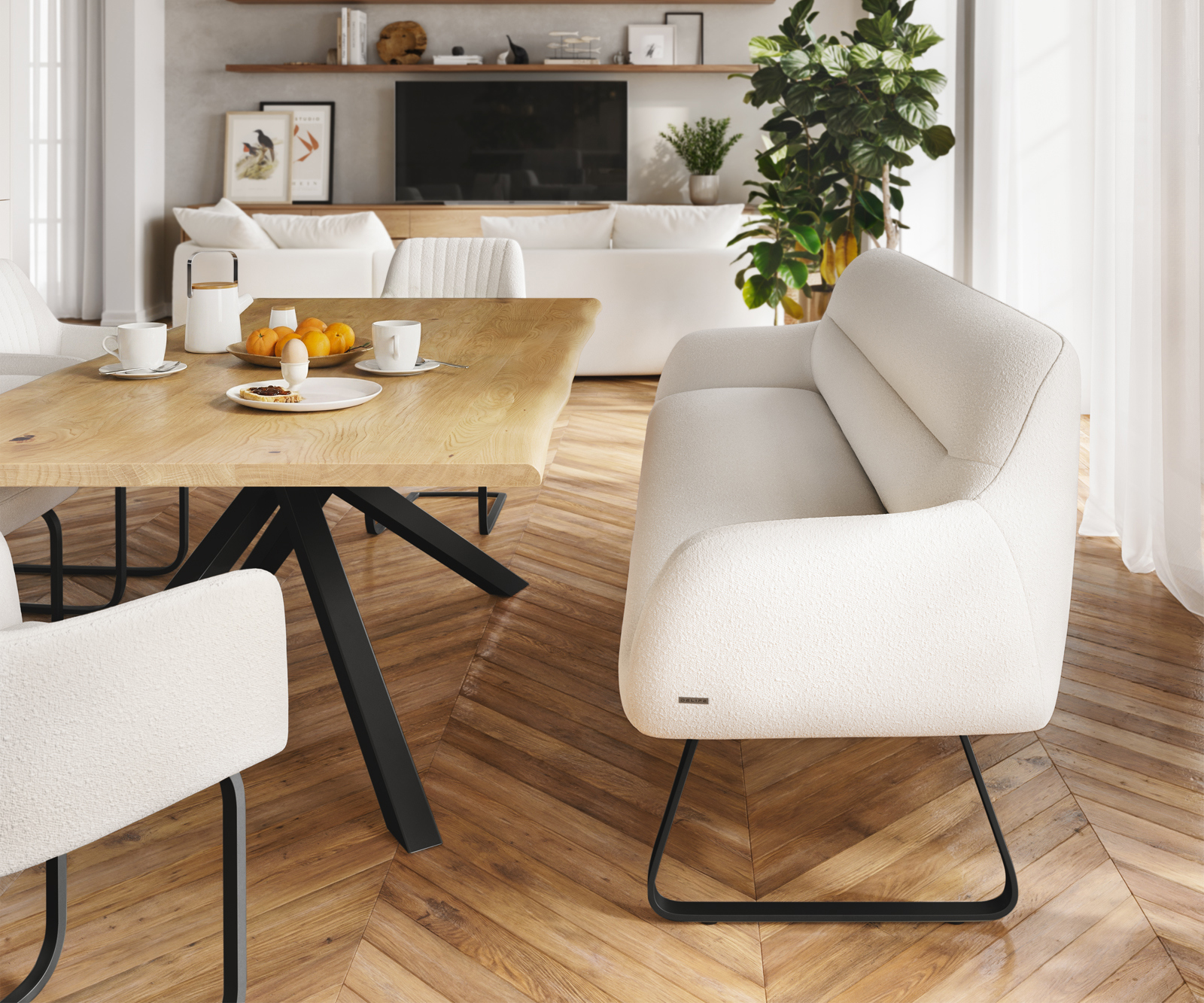 Étkezőpad Taya-Flex 200 cm bouclé krémfehér vékony láb lapos fekete zsákrugó - Image 2