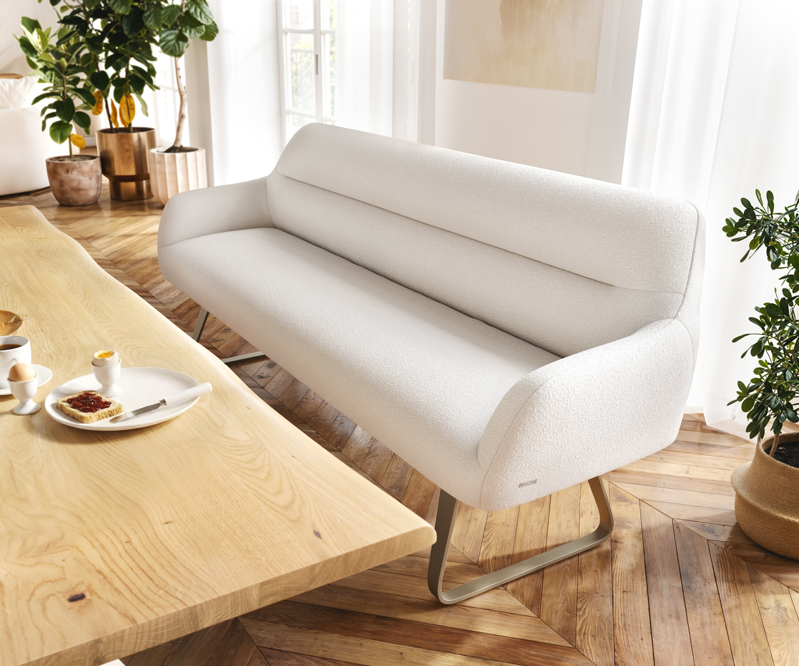 Étkezőpad Taya-Flex 200 cm bouclé krémfehér vékony láb lapos titán színű hatás zsákrugós