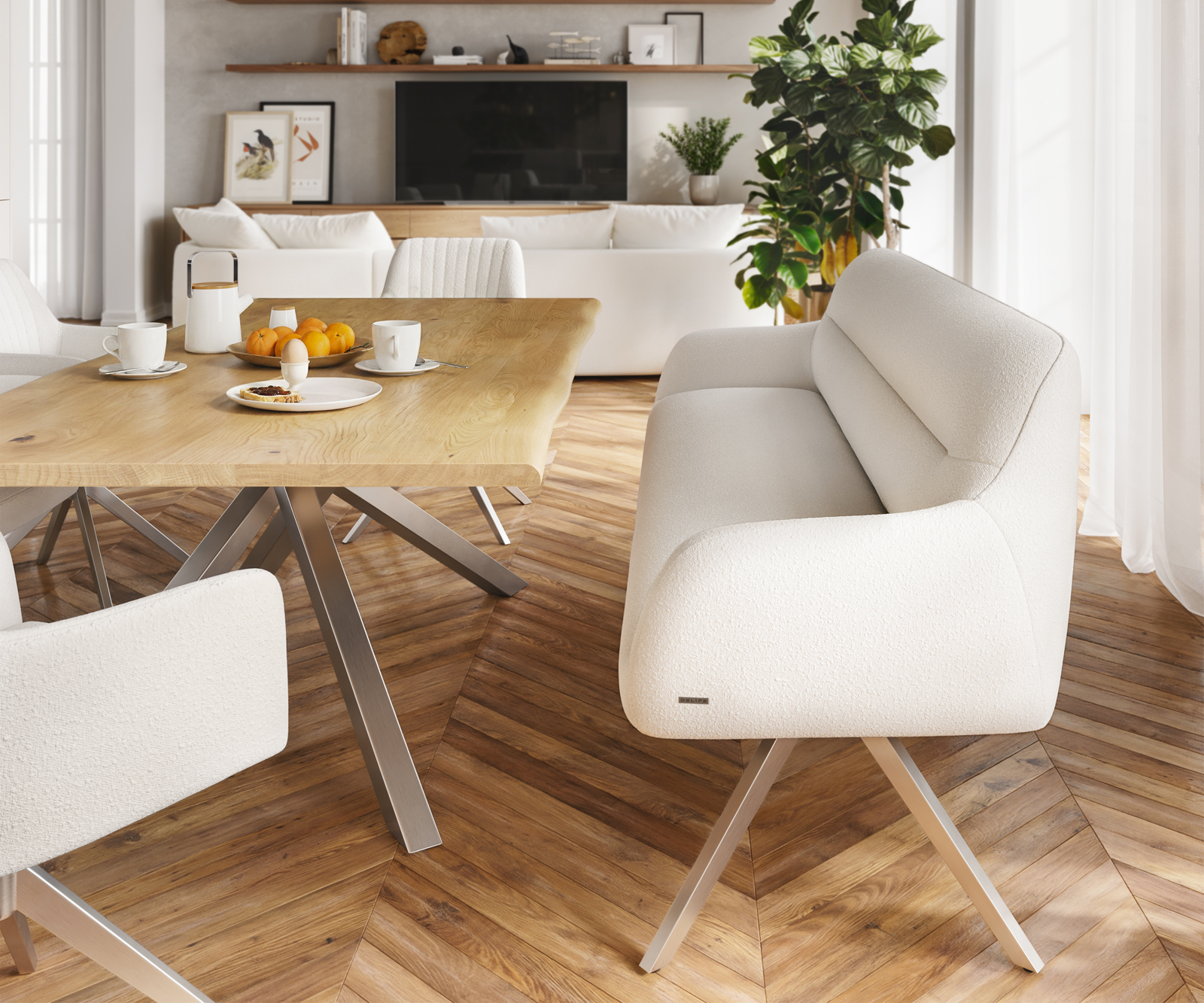 Étkezőpad Taya-Flex 200 cm bouclé krémfehér kereszt láb szögletes rozsdamentes acél zsákrugó - Image 2