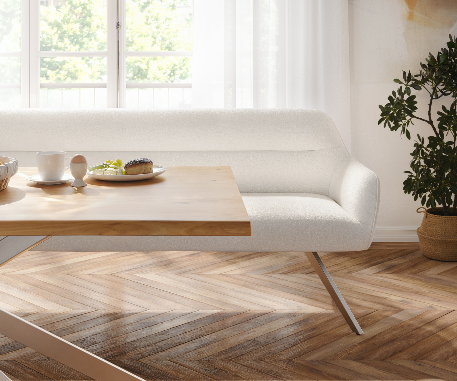 Étkezőpad Taya-Flex 200 cm bouclé krémfehér kereszt láb szögletes rozsdamentes acél zsákrugó - Image 4