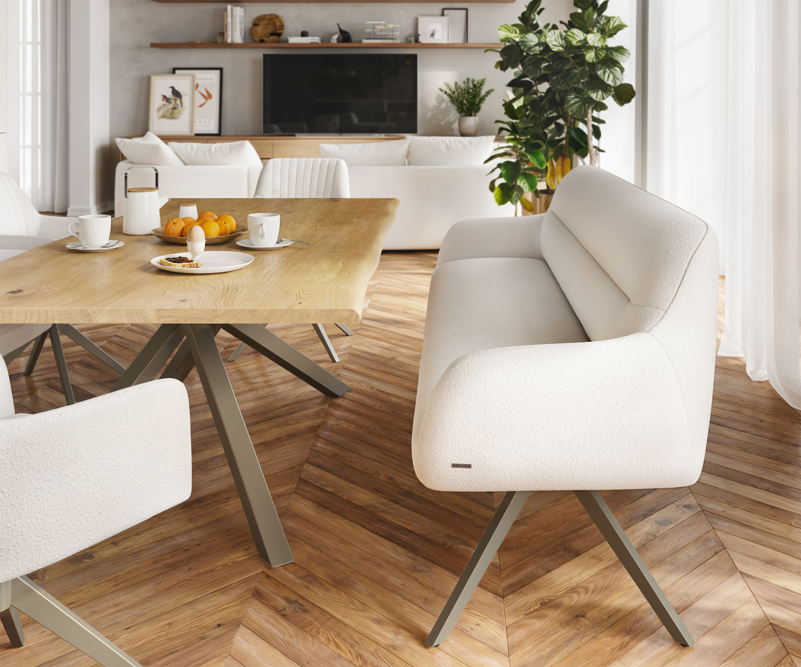 Étkezőpad Taya-Flex 200 cm bouclé krémfehér kereszt láb szögletes titán színű hatás zsákrugós - Image 2