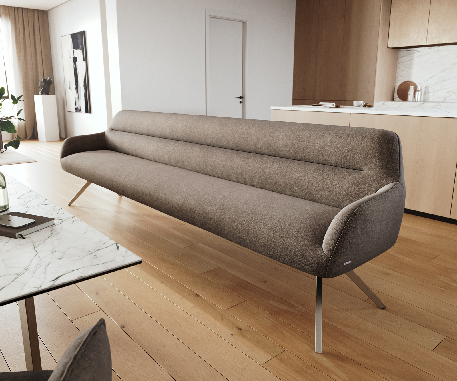 Étkezőpad Taya-Flex 300 cm strukturált szövet puha taupe kereszt láb szögletes rozsdamentes acél zsákrugó