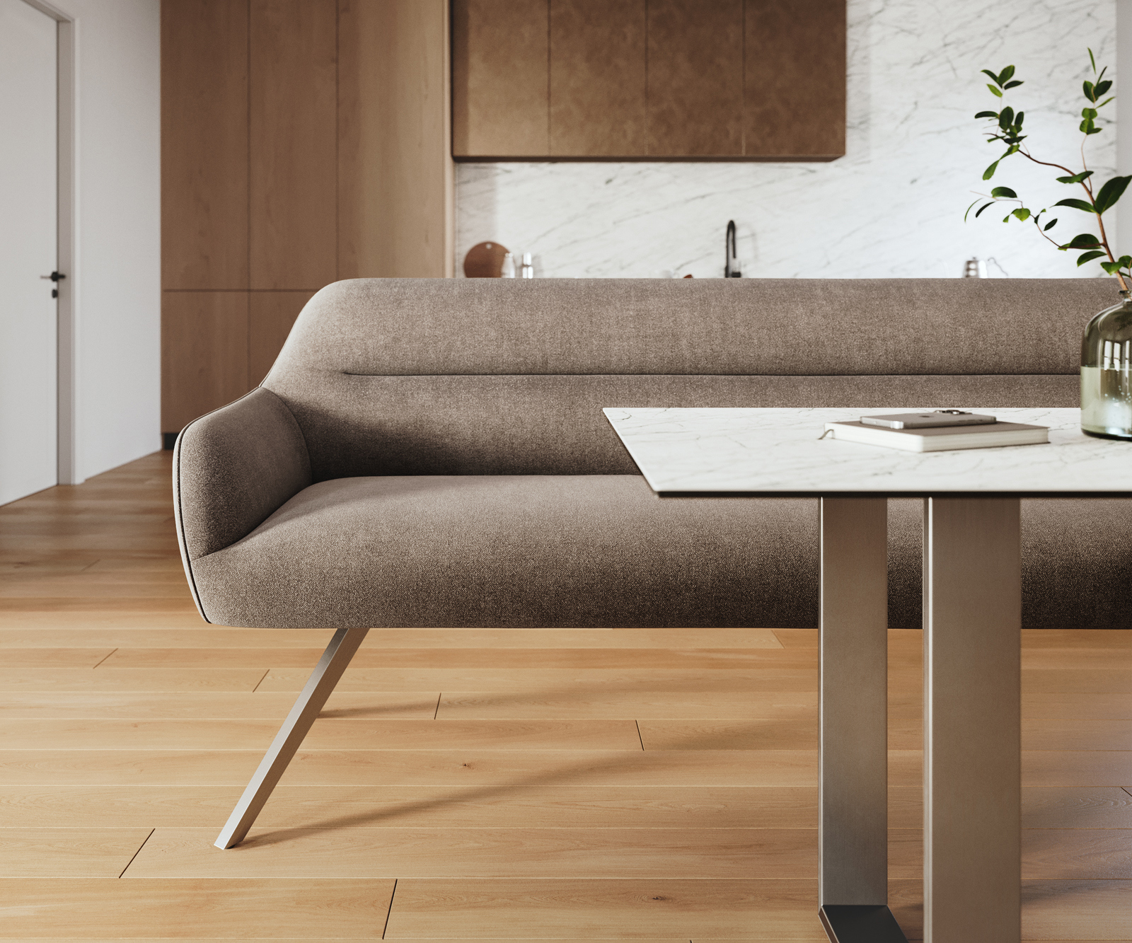 Étkezőpad Taya-Flex 300 cm strukturált szövet puha taupe kereszt láb szögletes rozsdamentes acél zsákrugó - Image 2