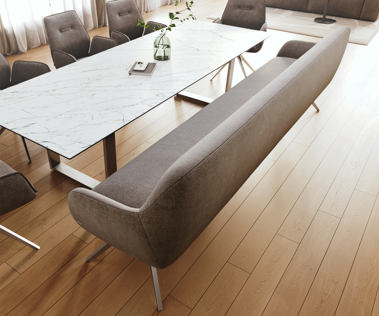 Étkezőpad Taya-Flex 300 cm strukturált szövet puha taupe kereszt láb szögletes rozsdamentes acél zsákrugó - Image 4