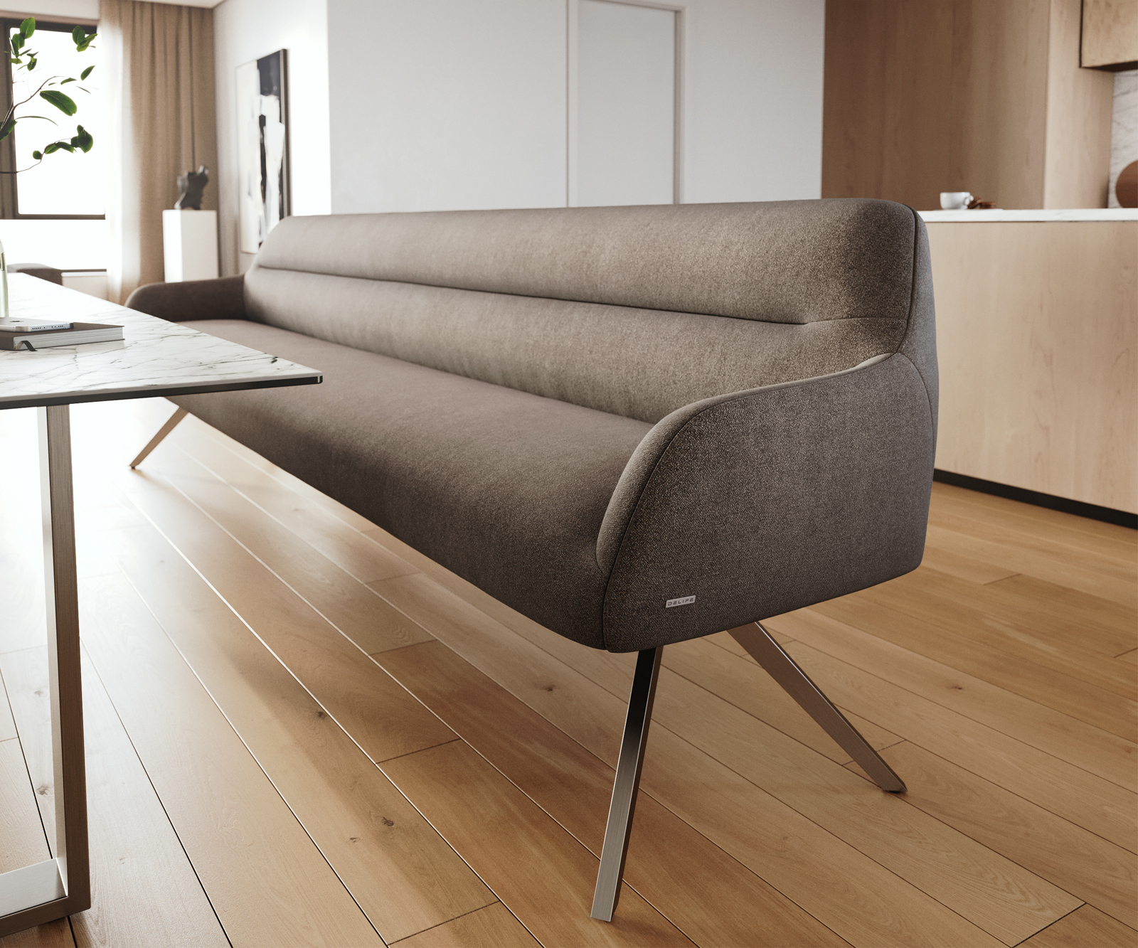 Étkezőpad Taya-Flex 300 cm strukturált szövet puha taupe kereszt láb szögletes rozsdamentes acél zsákrugó - Image 5