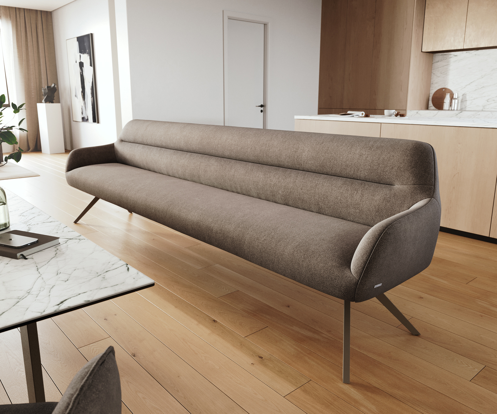 Étkezőpad Taya-Flex 300 cm strukturált szövet puha taupe kereszt láb szögletes titán színű hatású bevonat zsákrugós matrac