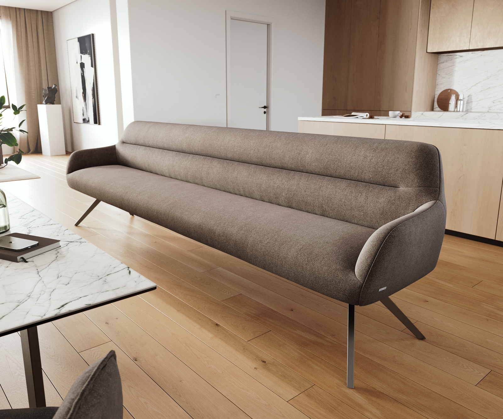 Étkezőpad Taya-Flex 300 cm strukturált szövet puha taupe kereszt láb szögletes grafit zsákrugós