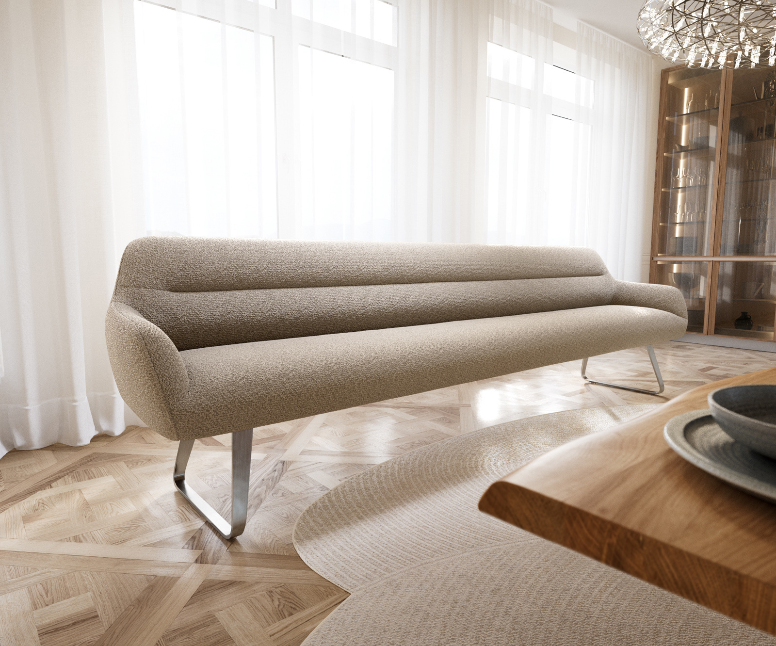 Étkezőpad Taya-Flex 300 cm bouclé sötét bézs vékony láb lapos rozsdamentes acél zsákrugó