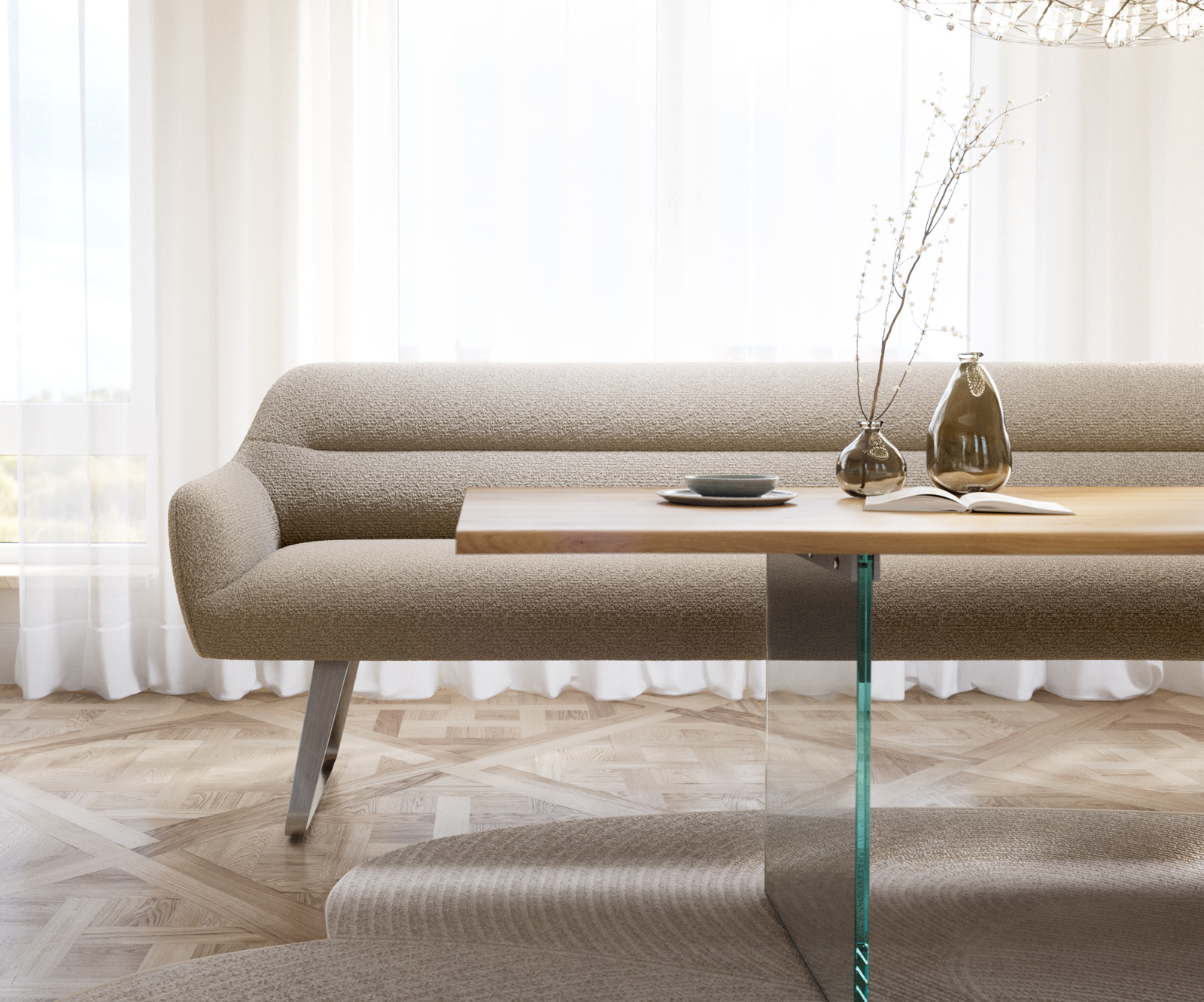 Étkezőpad Taya-Flex 300 cm bouclé sötét bézs vékony láb lapos rozsdamentes acél zsákrugó - Image 2