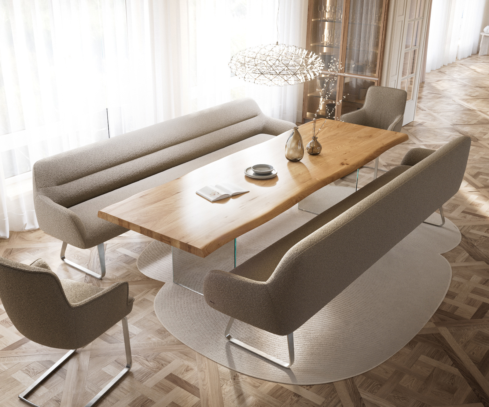 Étkezőpad Taya-Flex 300 cm bouclé sötét bézs vékony láb lapos rozsdamentes acél zsákrugó - Image 4