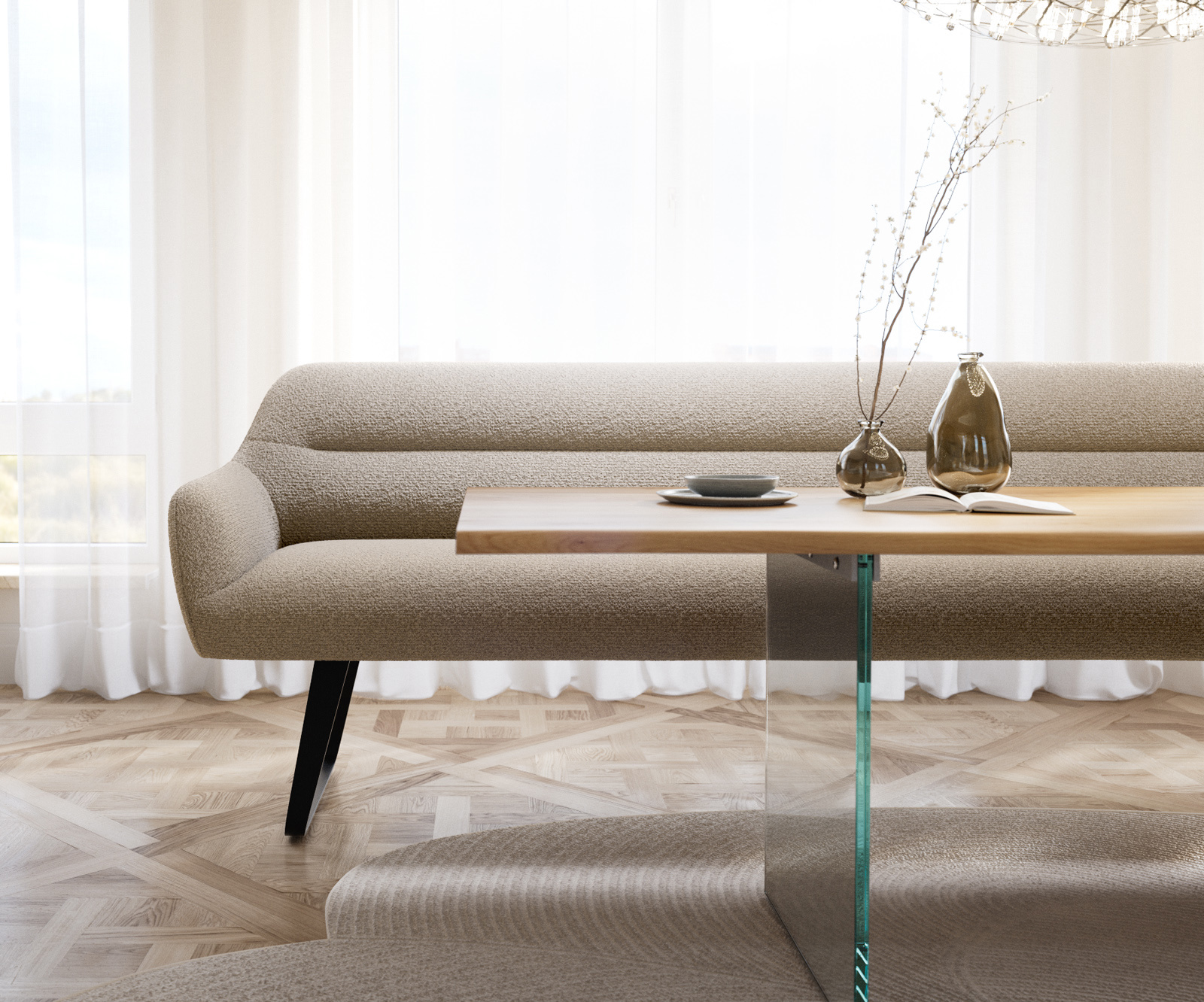 Étkezőpad Taya-Flex 300 cm bouclé sötét bézs vékony láb lapos fekete zsákrugós - Image 2