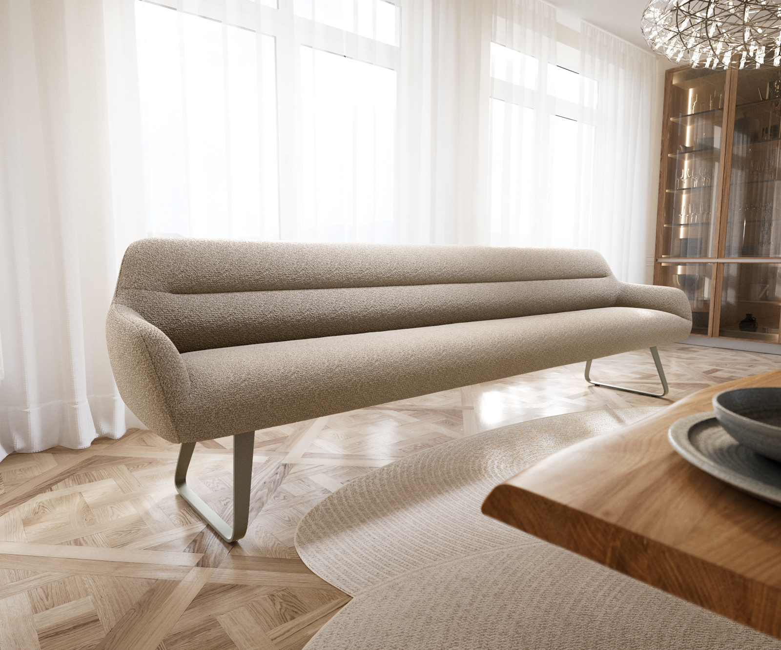 Étkezőpad Taya-Flex 300 cm bouclé sötét bézs vékony láb lapos titánszínű hatású rozsdamentes acél zsákrugós matraccal